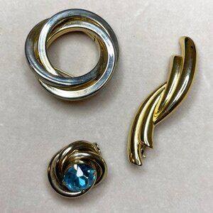 Vintage Brooch Lot – Gold & Silver Tone Knot Pins w/ Blue Crystal Accent (3)